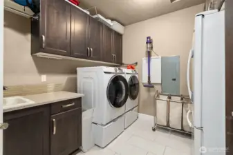 Separate laundry room with sink & storage. Washer, dryer and refrigerator in the laundry room are available for purchase.