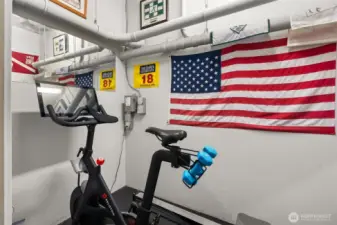 One of the storage units has electricity - it is currently being used as a mini workout room