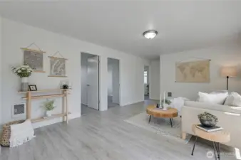 Family room showing the 3 bedroom open doorways