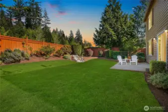 Soothing water feature and mature landscaping.