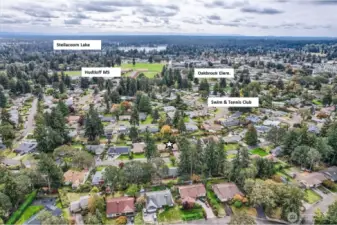 View to the South: Hudtloff Middle School/Field, Steilacoom Lake (public access at Edgewater park) and just a couple blocks away, the Oakbrook Swim & Tennis club
