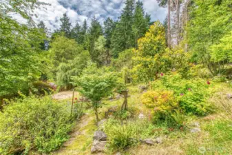 The terraced garden by the home is planted with flowering trees, perennials, roses, and other beautiful plants.