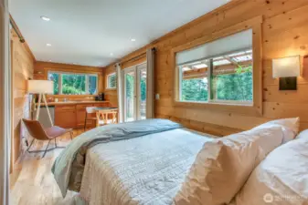 The studio interior is well appointed with tongue and groove paneling.