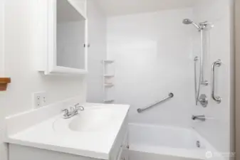 Recently updated vanity, medicine cabinet and shower and tub enclosure. Handrails have been installed in the shower for added accessibility.