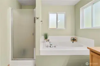 Spacious primary bathroom offering both a soaking tub and a separate shower