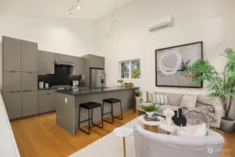 A modern kitchen with counter seating.