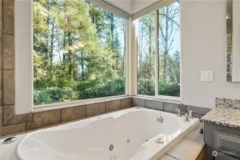 Jetted tub in primary bathroom looking out into the trees