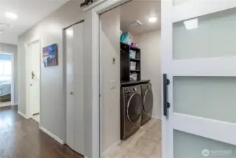 Brand new LG smart washer & dryer and custom shelving for added storage.
