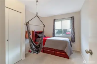 Second bedroom at the back of the unit, to the right of the half bath. Has a dedicated electrical outlet for your A/C unit.