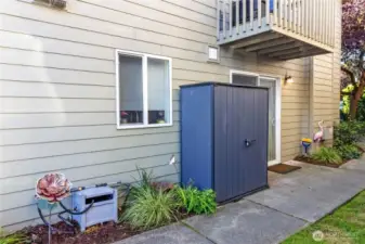 Slider leads to a side patio, storage shed is included.
