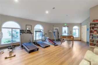 The clubhouse has exercise equipment and foosball, as well as some games, seating areas and a lending library.