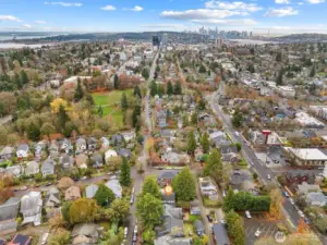 Aerial photo looking south. Sought after location. You can see downtown, Lake Union, Lake Washington and Cowan Park from this photo. Walking distance to light rail, Whole Foods, cafes, restaurants and parks. Only minutes to UW, UW hospital, downtown, Amazon and 520. #1 sought after school cluster. 95 walk score, 91 bike score!