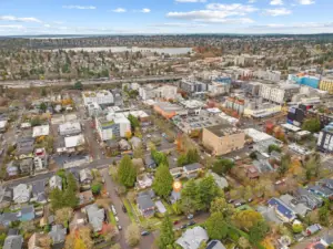 Aerial photo looking west. Sought after location. You can see Green Lake from this photo. Walking distance to light rail, Whole Foods, cafes, restaurants and parks. Only minutes to UW, UW hospital, downtown, Amazon and 520. #1 sought after school cluster. 95 walk score, 91 bike score!