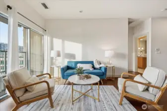 Living Room, Hardwood Floors, High Ceilings, Large Windows