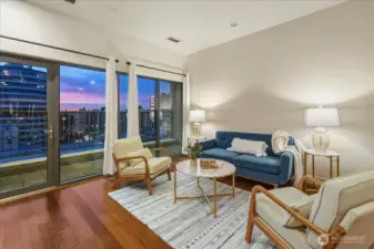 Living Room, Hardwood Floors, Tall Ceilings
