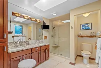 Master bathroom with Double Vanity & double shower head also in addition to the double closets is the walkin closet