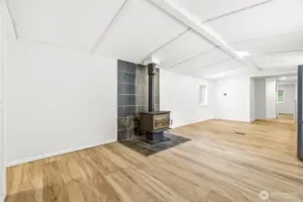 Living room with nice woodstove.