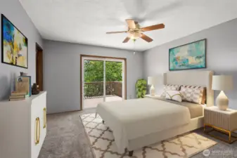 Primary Bedroom with sliders to deck-- imagine a hot tub out there! Virtually Staged.