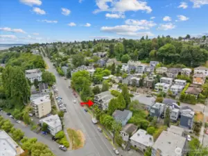 Aerial view headed southwest on Thorndyke Ave W.