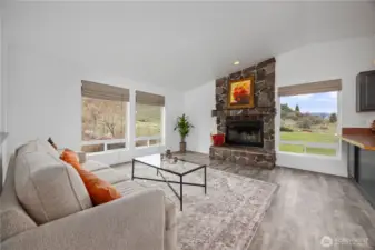 Living room and wood fireplace