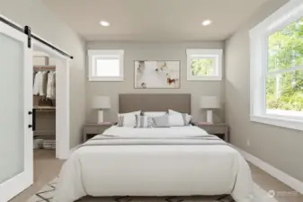 You can use either a King or Queen-size bed and include nightstands on both sides in the primary bedroom.