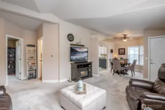 Large living room flows seamlessly into dining space.