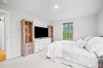 Spacious primary bedroom with soft carpeting, large windows, and stylish built-ins—perfect for relaxing in comfort with natural light and privacy.