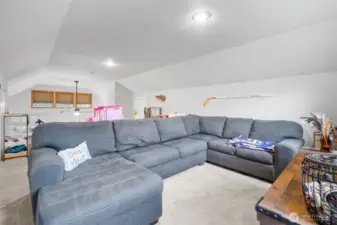 Spacious upstairs loft featuring plush carpeting, abundant storage, and plenty of space for relaxing or play.