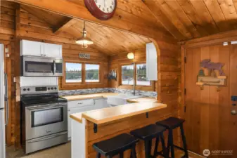 Guest house offers a modern kitchen with lake views from dual windows.