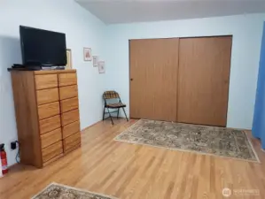 Another View of the Spacious Primary Master Bedroom with Cathedral Ceilings, Full Wall Closet and Laminate Flooring.