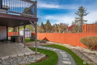 Fully fenced backyard with firepit, hot tub, garden shed, covered patio and upper deck