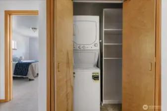 Stacked laundry set tucked neatly in a closet for a clean, streamlined look.