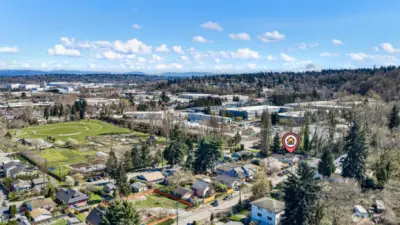 The P-Patch plots at Marra Farm, one block from the front door. Community farm, garden plots, park space — and Rainier on the horizon when the weather cooperates.