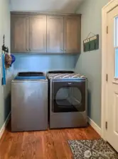 Utility room with access from garage and access in to kitchen and main floor bath.