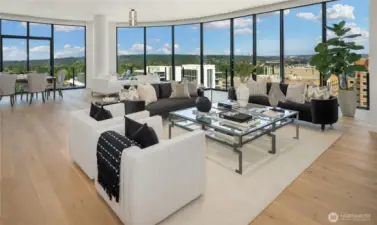 Dramatic 11-foot ceilings and walls of windows grace the open great room with a lovely ambient light.