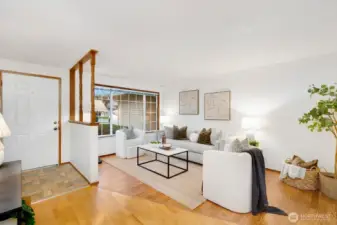 This is living room with a large picture window.