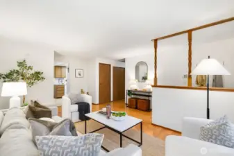 There are 2 closets in the hallway leading to the 3 bedrooms.