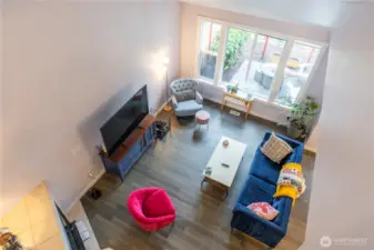 View of the living room from upstairs - check out these cathedral ceilings!