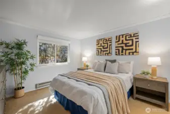 Primary bedroom with views over backyard