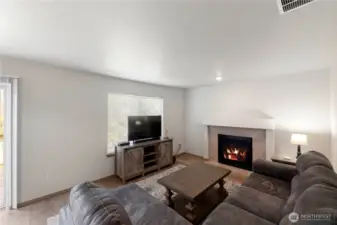 The large family room is just off the kitchen and includes a gas fireplace.