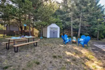 Set up in comfort with water, electric, and sewer connections on a spacious, level lot. Partially fenced for privacy, with mature trees bordering three sides for a serene retreat.