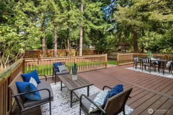 Incredible deck spans much of the house and offers plenty of space for lounging or entertaining without compromising on yard space