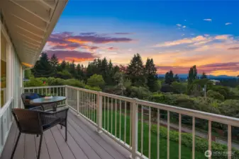 Wow! What a view from the primary bedroom's private deck. Olympic Mountain and water views, along with stunning sunsets.