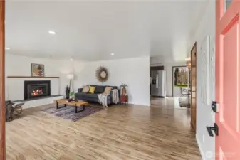 Large living space with a cozy gas fireplace