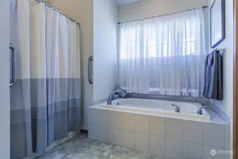 En suite bathroom with soaking tub and walk-in shower