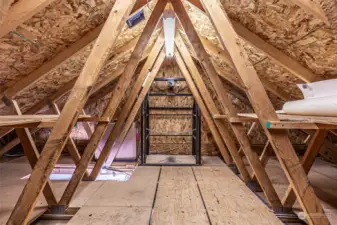 Attic with full flooring, shelves and mechanical lift for easy organized storage
