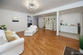 Lower level great room facing the downstairs hallway.