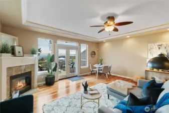 This sophisticated space is warm and inviting.