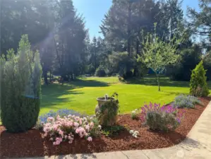 Bordering the patio, beautiful perennial flora, low maintenance.