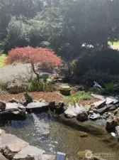 On south side of house pond and waterfall cascading down to the lower level.
